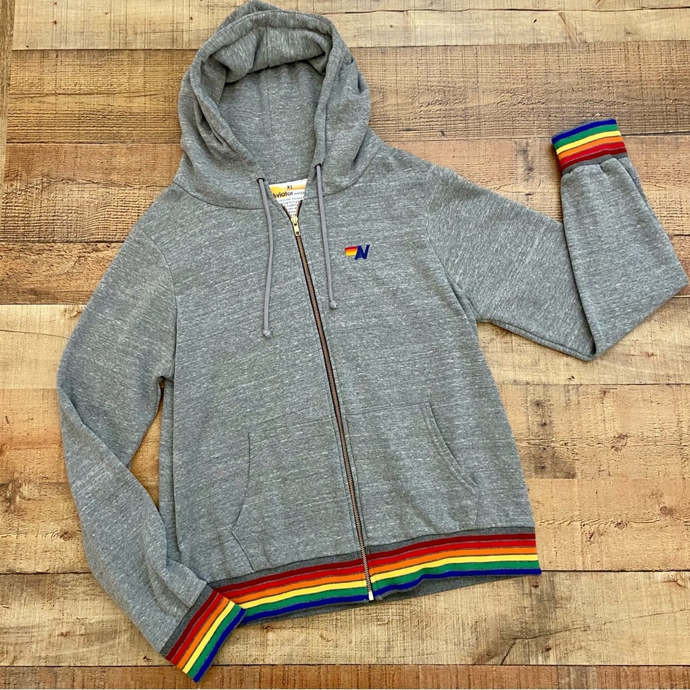 Aviator Nation Gray Hoodie Zip Up JACKET with Rainbow Accents UNISEX - Picture 3 of 13